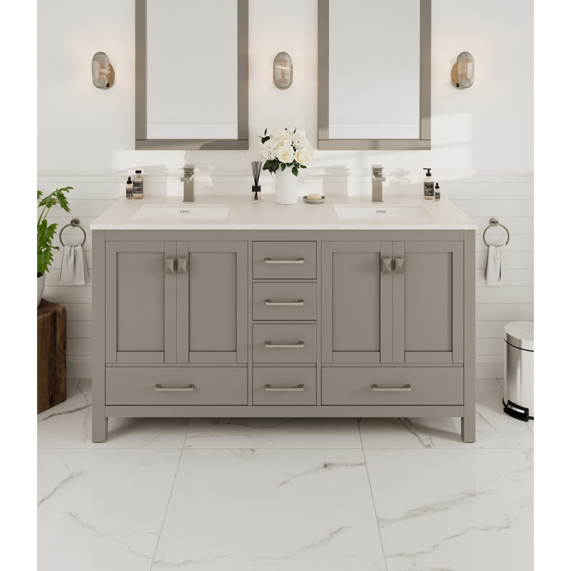 Gray Double Sink Bathroom Vanity with White Quartz Countertop
