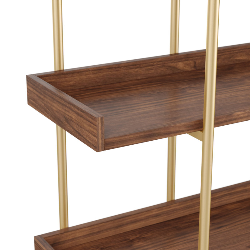 Walnut Wood Grain 3-Shelf Bookcase with Polished Brass Frame