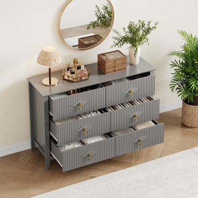 47.2" Wide 6-Drawer Storage Dresser, Modern Wave Design Wooden Chest of Drawers with Metal Handle