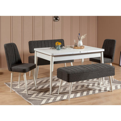 Karyana Extendable Dining Table & Chairs Set (5 Pieces), Modern Black & White Design, 50.8 x 31.5 x 31.5 inches | 100% Melamine Coated Particle Board, 100% Linen Chairs | Perfect for Family Gatherings, Stylish & Functional