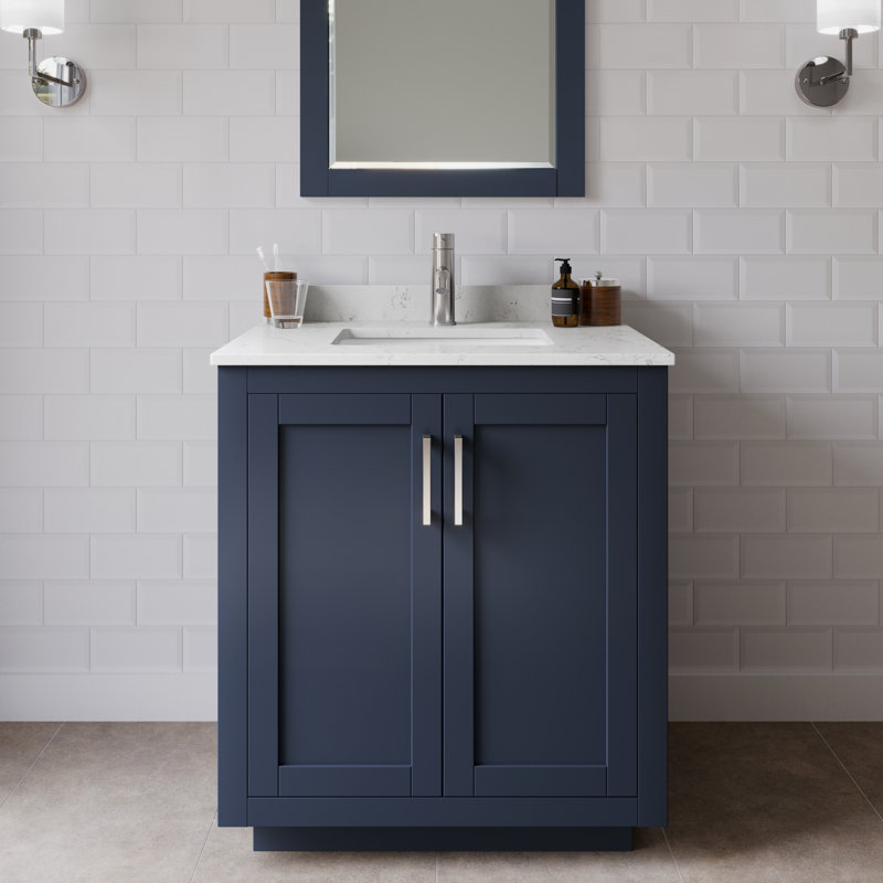 Miranda 30" Freestanding Single Bathroom Vanity with Cultured Marble Top with 24" Mirror, Dark Blue, Brushed Nickel