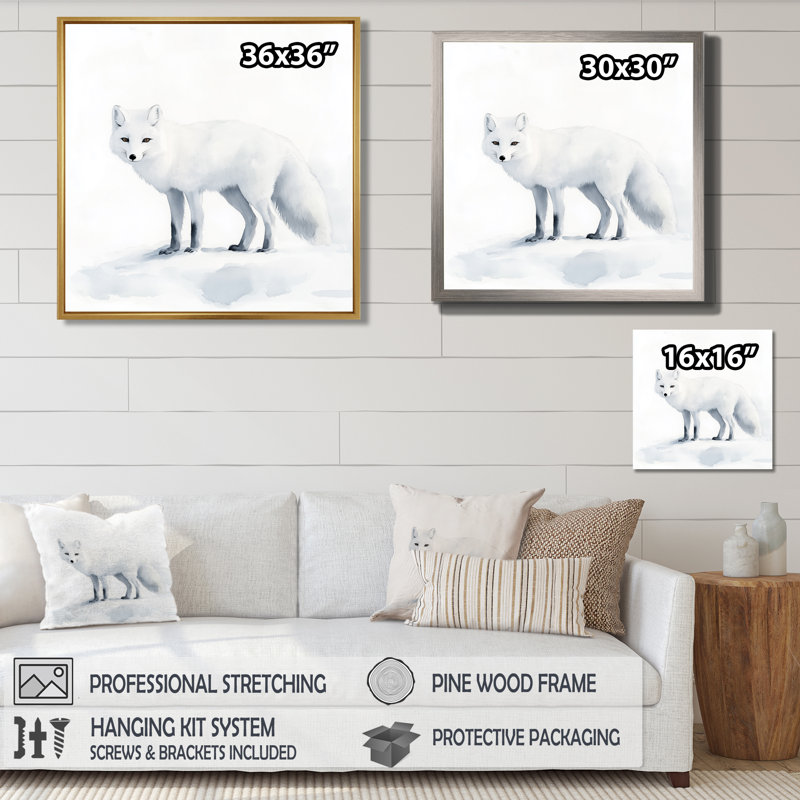 Art mural renard arctique, toile de la faune hivernale, renard arctique blanc, H 36 po x l 36 po, Cadre flottant noir