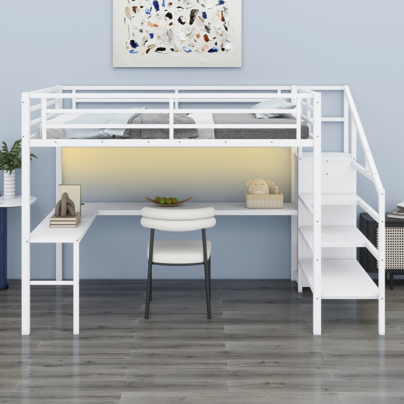 Metal Loft Bed With L-Shaped Desk And USB, Wardrobe And  Shelf, High Loft Bed With LED For Kids Teens Adults, White, Queen