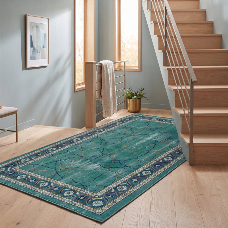Tapis Bronze2 moderne à l'aspect vieilli, aquarelle abstraite, bleu sarcelle et blanc, lavable à la machine, antidérapant, à poils courts, pour l'intérieur et l'extérieur, adapté aux animaux domestiques, idéal pour le salon, la chambre, la salle à manger, l'entrée, le couloir ou le bureau.