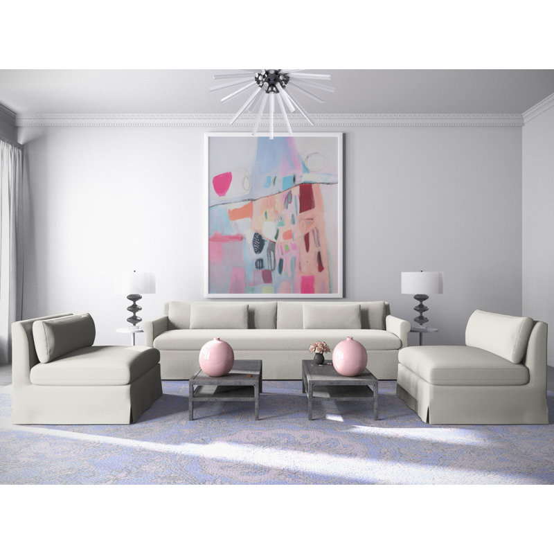 Ludlow Rolled-Arm Skirted Loveseat, Box Weave Linen Blue Print, 34" H x 72" W x 38" D, Weathered