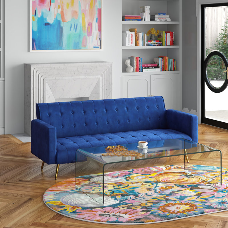 Canapé-lit à accoudoirs carrés en velours de 76 po Cognato, Bleu velours