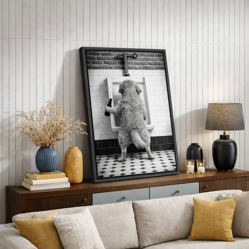 Funny Dog Bathroom Humor Black and White Artwork, Quirky Bathroom Decor Pictures, Framed Canvas Giclee Print Wall Art