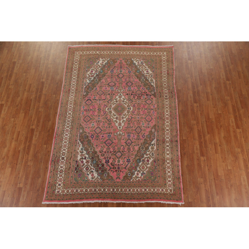 Tapis rose à motif géométrique persan Hamedan noué à la main 7 x 10
