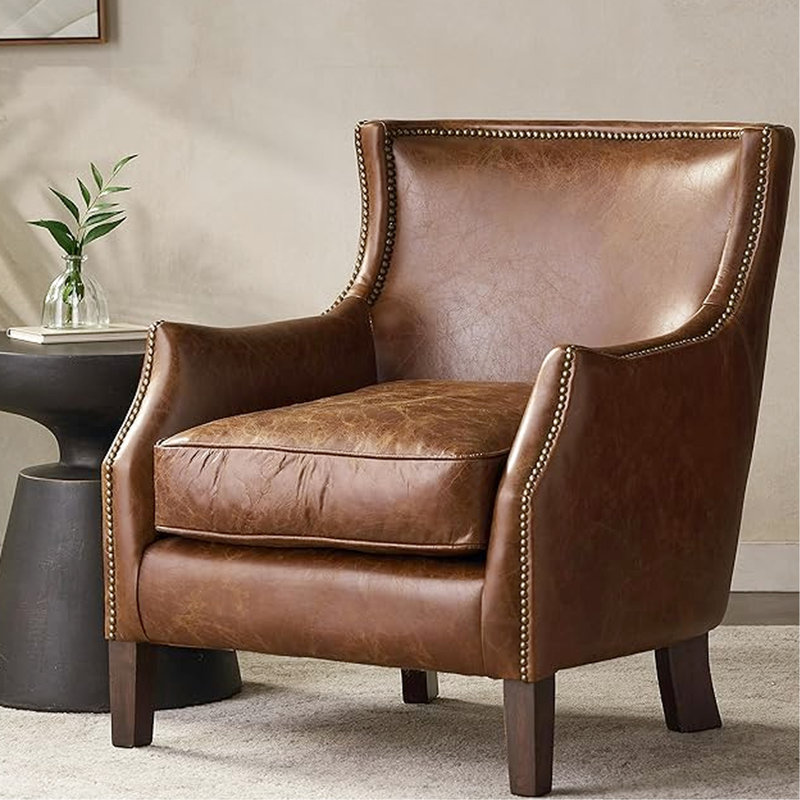 Fauteuil en cuir fleur de qualité supérieure, style rétro, véritable simple, brun, aucun assemblage requis, fabrication