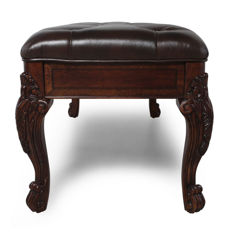 Traditional Pomegranate Cherry Leather Storage Bench with Carved Legs
