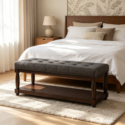 44" W Mid-Century Tufted Upholstered Bench with Storage Shelf