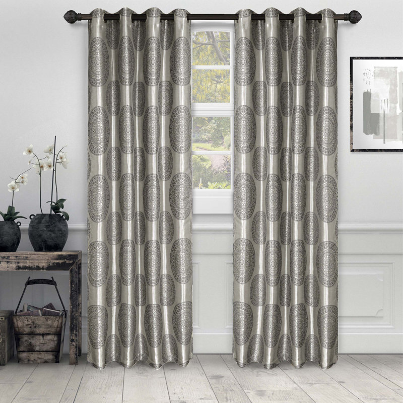 Karolinka Jacquard Floral Polyester Grommet Curtain Panels, Black, 52" x 96"