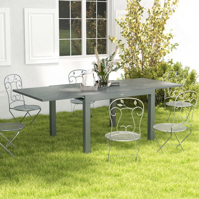 Table de salle à manger extensible pour l'extérieur, table de patio à cadre en aluminium de 41 po et 83 po avec plateau en acier effet bois, table de patio extensible rectangulaire pour 6 à 8 personnes, gris foncé