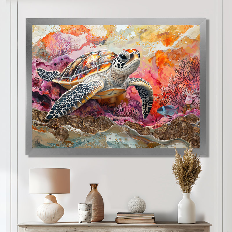 «Aquarium Turtle Coral Sanctuary I», reproduction d'art sur toile, H 12 po x l 20 po, Floater Framed, Argent argent