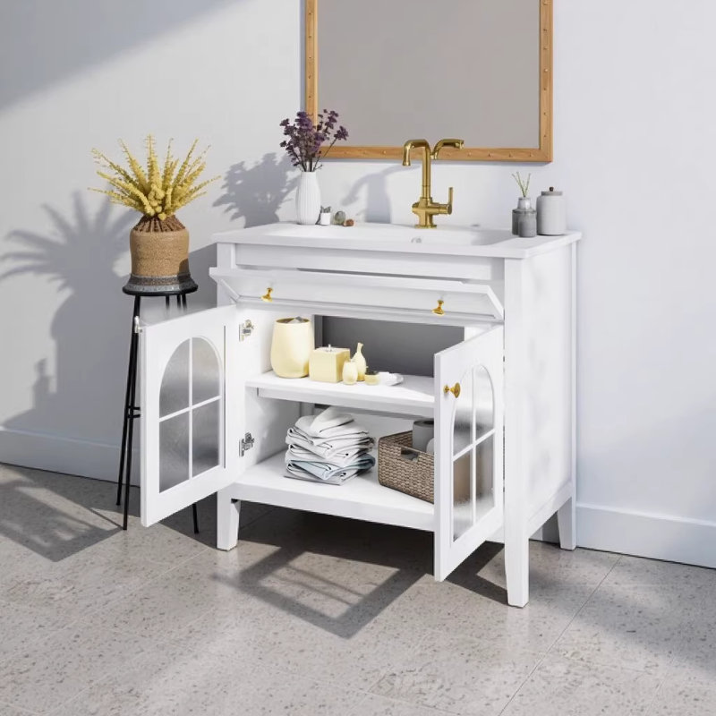 Meuble-lavabo blanc 35,6 po Mid-Century, Blanc