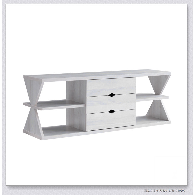 Meuble télé moderne avec quatre tablettes ouvertes et trois tiroirs de rangement - Chêne