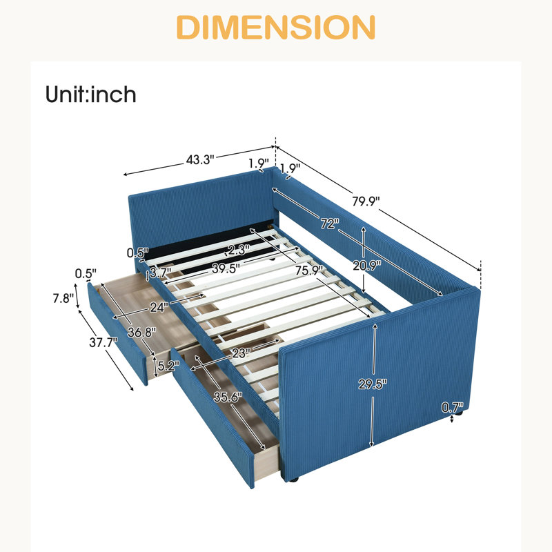 Twin Size Corduroy Daybed With Two Drawers And Wood Slat, Blue