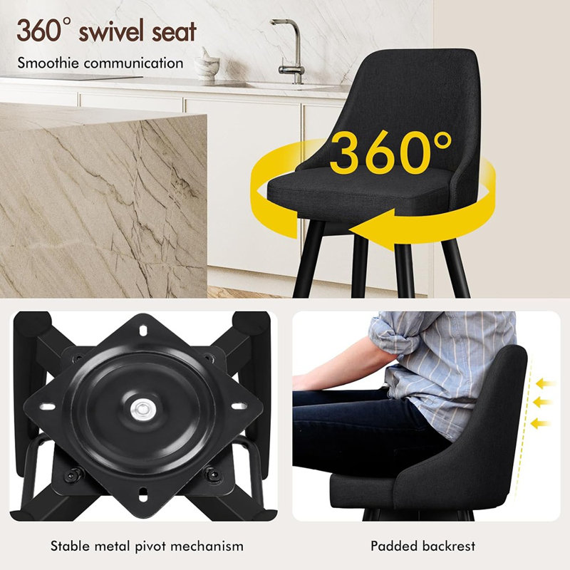 Ensemble de 2 tabourets de bar modernes à hauteur de comptoir avec dossier complet, sièges en tissu rembourrés et pieds en métal, noir