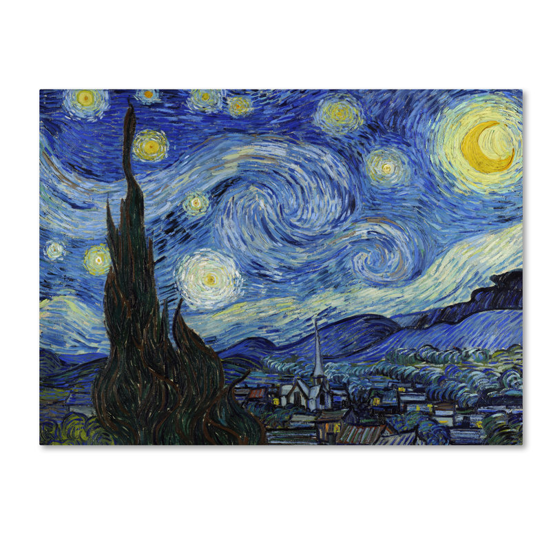 Wrapped Canvas Wall Art - Vincent Van Gogh 'Starry Night' Wall Art for Living Room, Bedroom, or Office Décor - 14x19, No Mat