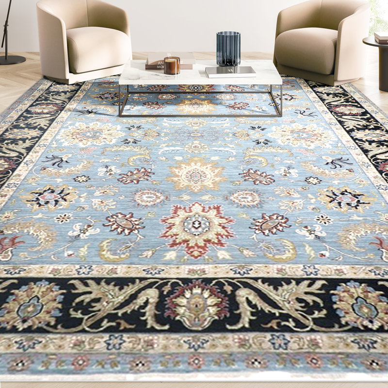 Tapis bleu clair / noir noué à la main de haute qualité, Rectangle 9 pi x 12 pi