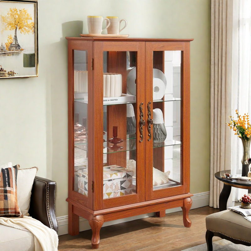 Vitrine avec 2 portes en verre trempé, tablettes réglables et éclairage DEL, Chêne foncé