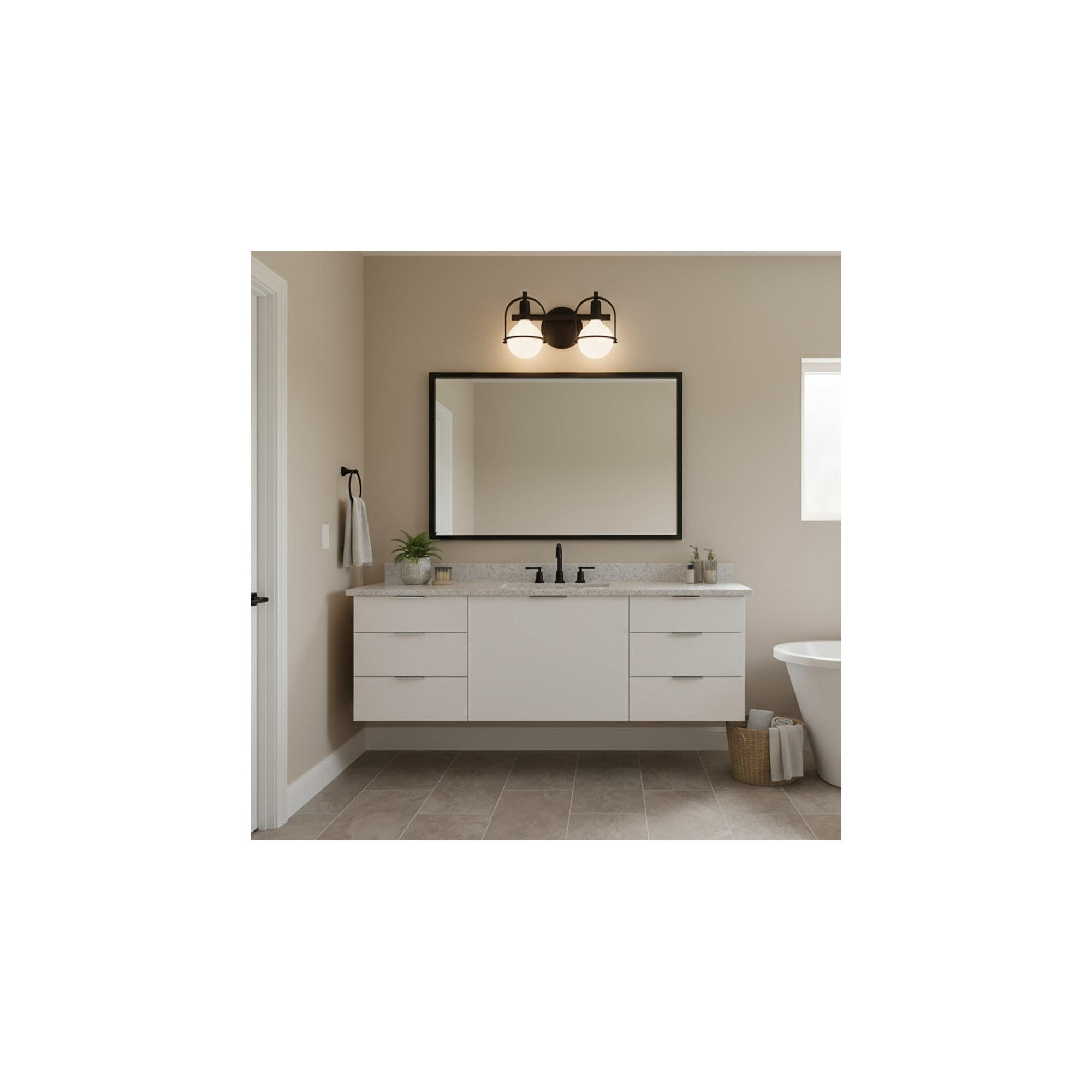 Damiana Bath Vanity Light - G40 Bulb in Photos (not included), Black, 9" H x 16" W x 7.5" D, 2 Lights