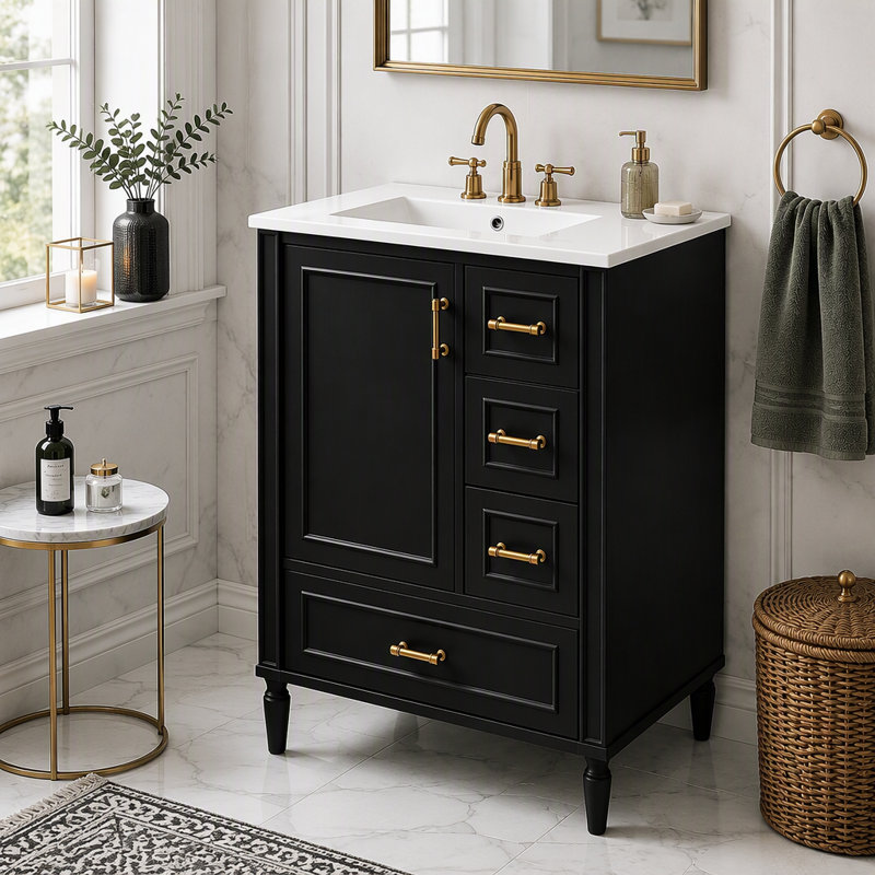 Meuble-lavabo moderne 24 po avec lavabo en céramique, porte à fermeture douce, 3 tiroirs et support de porte
