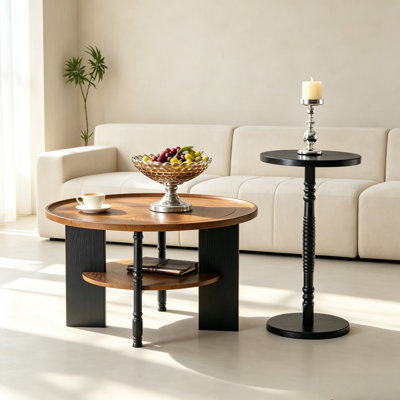 2-Piece Round Coffee Table Set, 31.5" Table with Storage & 15" Side Table, Black & Walnut Finish