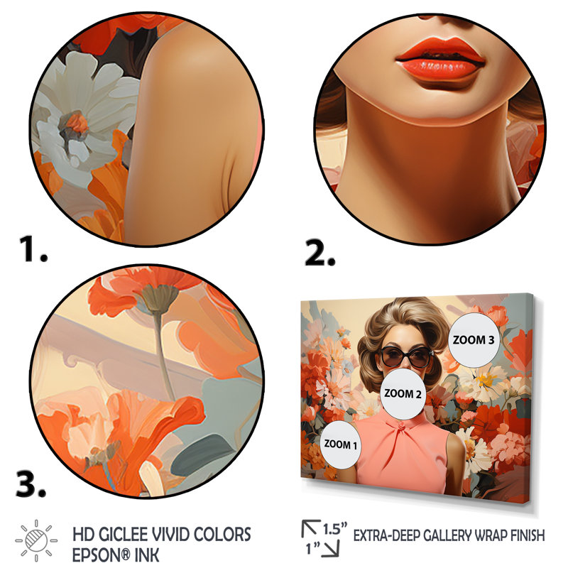 «Retro Floral Mid Century Woman Elegance I», art mural mode, Cadre d'angle fermé noir, H 34 po x l 44 po x P 1,5 po