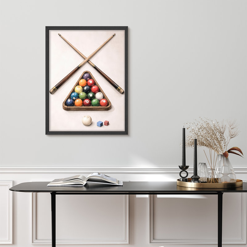 Classic Billiards Table Setup Framed Wall Art Prints - Cue Sticks and Pool Balls for Game Room Office, H 16 po x l 12 po