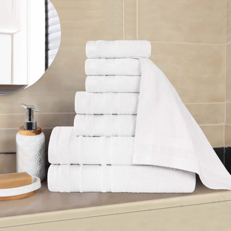 Geona Cotton Solid Dobby Border Plush Soft Absorbent Assorted 8 Piece Bathroom Towel Set, White