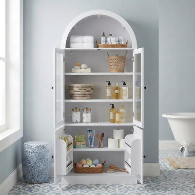 71" Arched Display Wood Cabinet ，Tall Arched Top Storage Cabinet with 5-Tier Shelves andTempered Glass