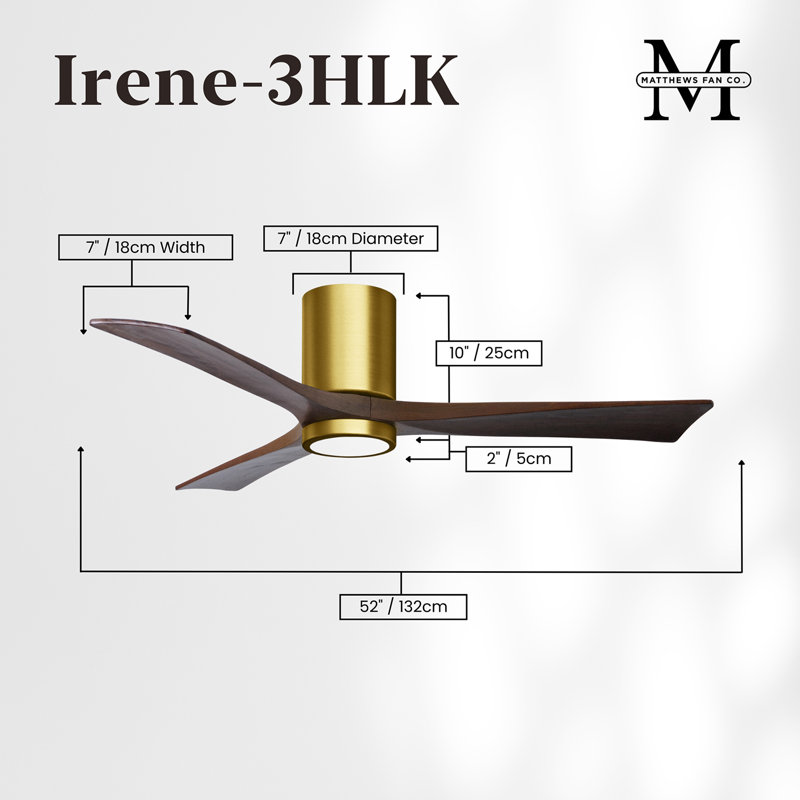 42" Irene 3-Blade Hugger Ceiling Fan with Wall Remote and Light Kit, Brushed Brass, 52", Walnut