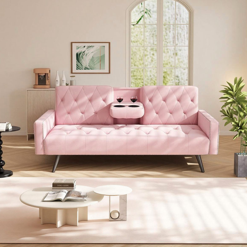 Jillane 72.4'' Square Arm Upholstered Sofa Bed, Pink Velvet