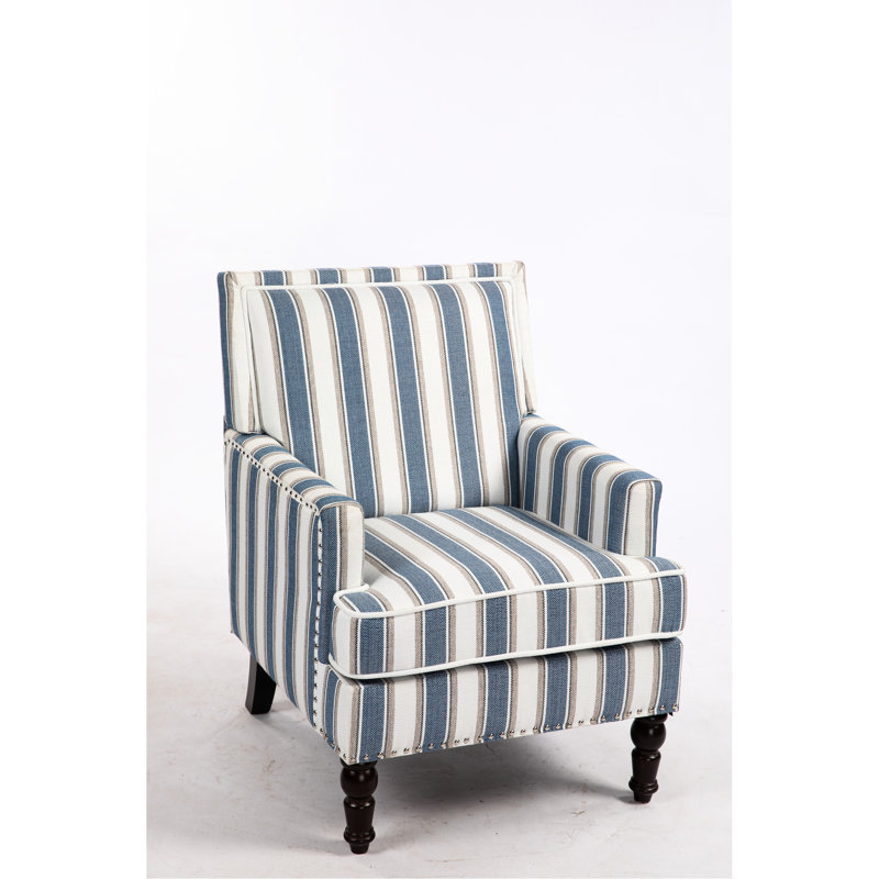 Fauteuil rembourré en lin rayé bleu et blanc, style rétro pour le salon avec garniture cloutée, fauteuil d'appoint confortable à rayures, construction relaxante du fauteuil