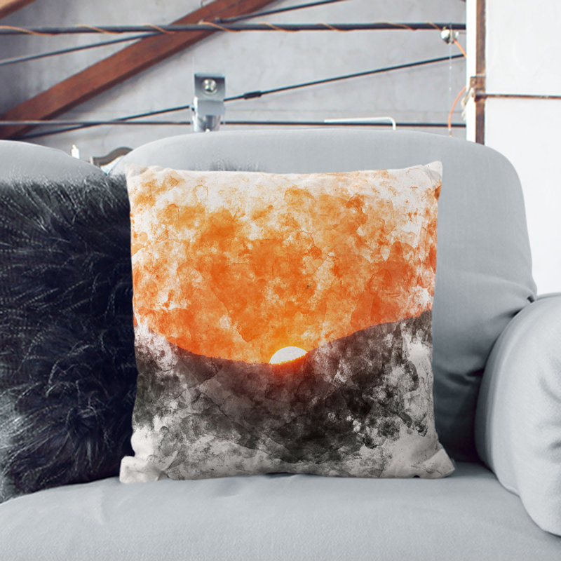 Sun Setting Behind the Mountains Watercolour Cushion with Filling, 55cm H x 55cm W x 20cm D, Black