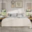 Très grande base de lit avec tête de lit tapissier recouverte de lin, pieds en bois, beige-1968080280