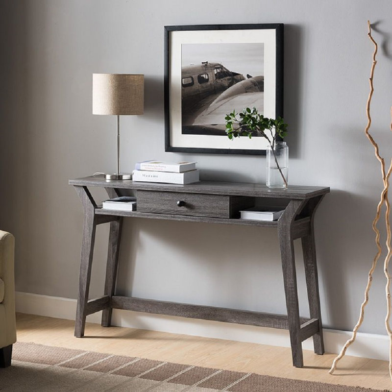 Console Table with One Drawer and Two Open Shelves, Distressed Gray