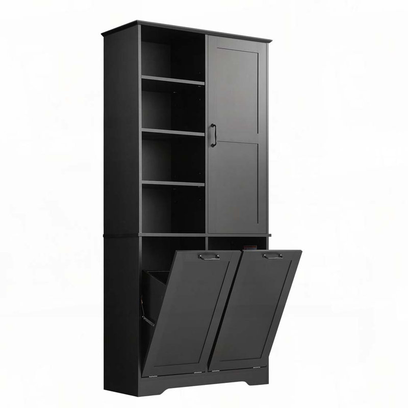 Armoire de rangement de salle de bain avec portes et tiroirs, panier à linge inclinable, plusieurs espaces de rangement, Noir