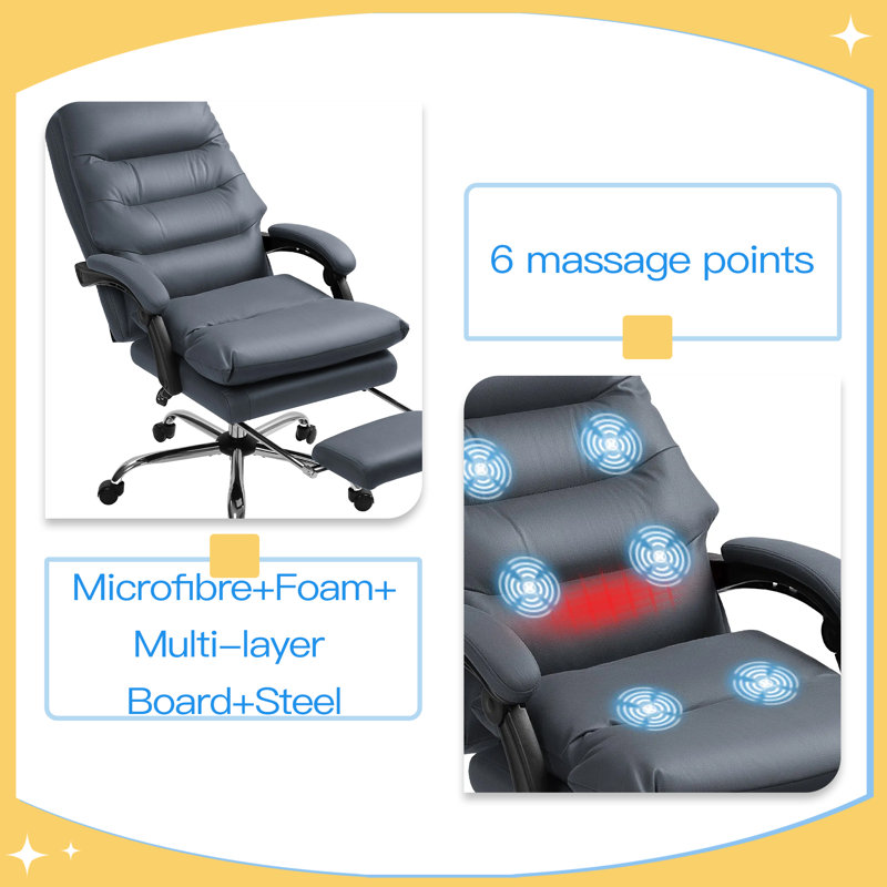 Microfibre Massage Office Chair, Heated Reclining Chair with Footrest, Double-tier Padding, Swivel Wheels