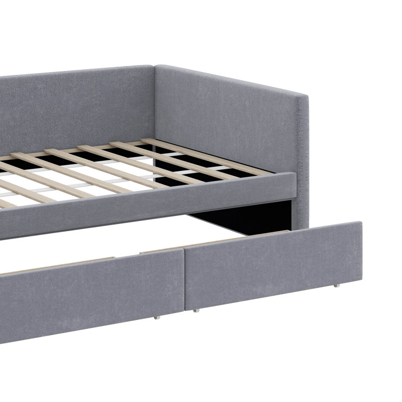 Lit plateforme simple en L tapissier avec tiroirs sous le lit, Gris