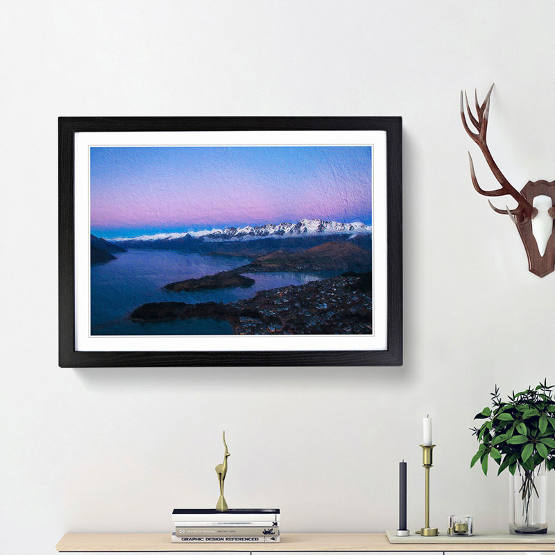 Lake in Queenstown New Zealand - Picture Frame Painting Print on MDF, Black Framed, 48cm H x 65cm W x 2cm D