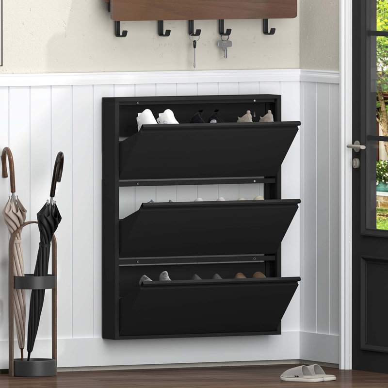Armoire à chaussures murale en acier avec tiroirs rabattables pour un rangement étroit dans l'entrée, Noir