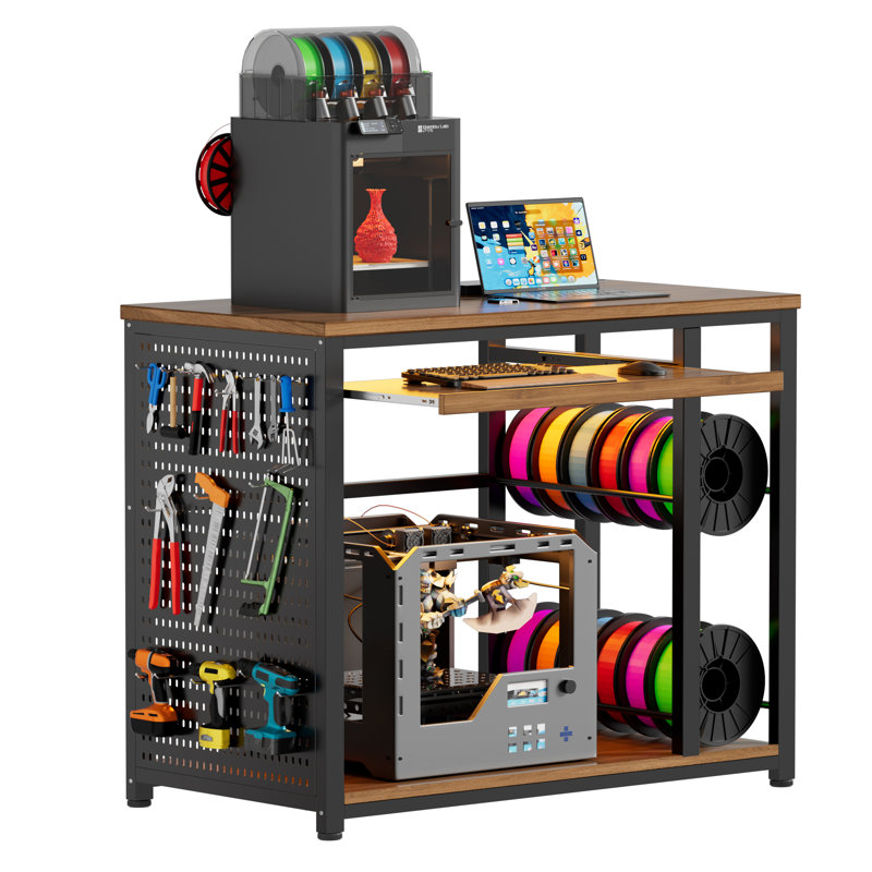 Support pour imprimante 3D avec établi de rangement pour filaments, grande table à 3 niveaux avec éclairage DEL, prise électrique et pieds de nivellement réglables, bureau robuste avec panneau perforé pour atelier/bureau/studio