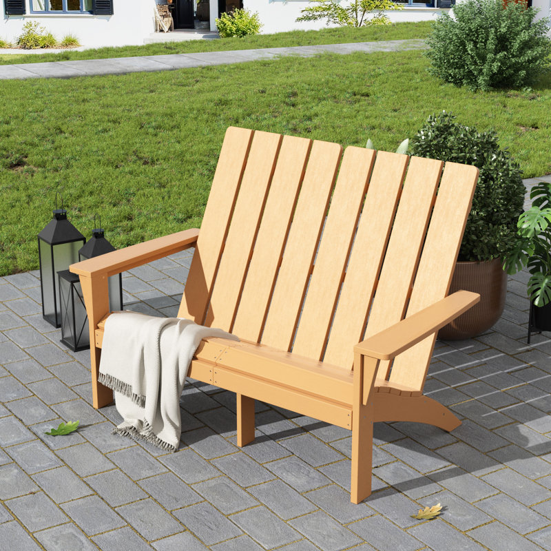 Modern All-Weather Adirondack Outdoor Loveseat For Patio, Garden, Deck, Porch, Or Backyard Seating, Tan