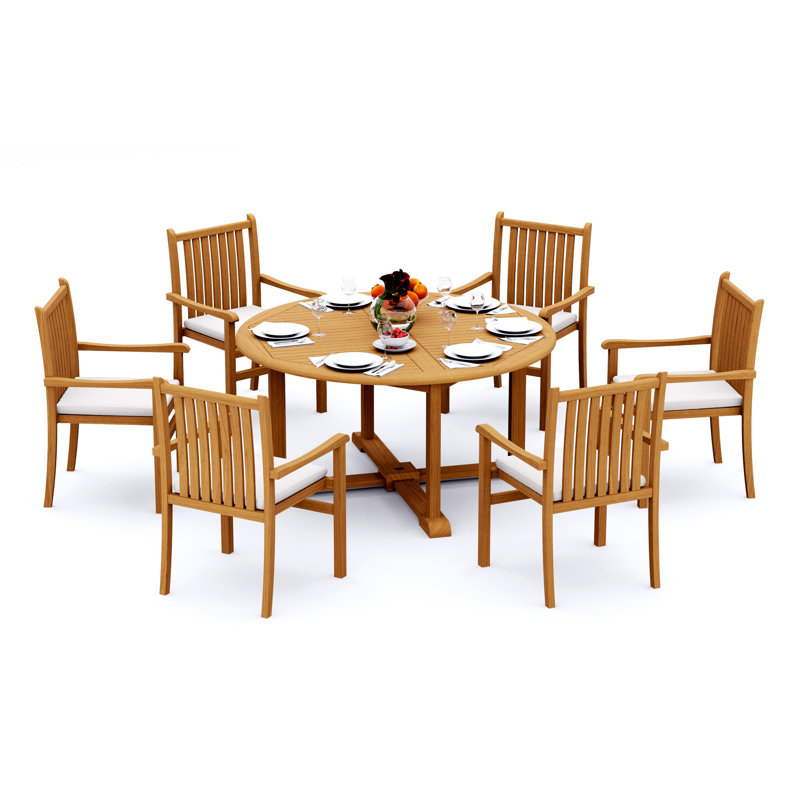 6 Seats 7 Pcs Grade-A Teak Wood Dining Set: 72" Round Table And 6 Cahyo Stacking Arm Chairs #11CH1706, 6