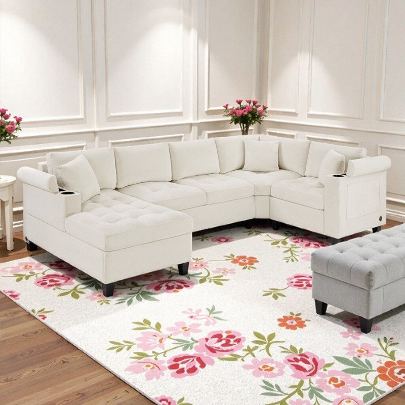 Canapé modulaire en U avec méridienne, canapé en chenille avec rangement et chargement USB, Chenille beige