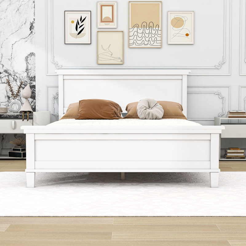 Lit plateforme en bois avec tête de lit à panneau, Blanc, Grand lit