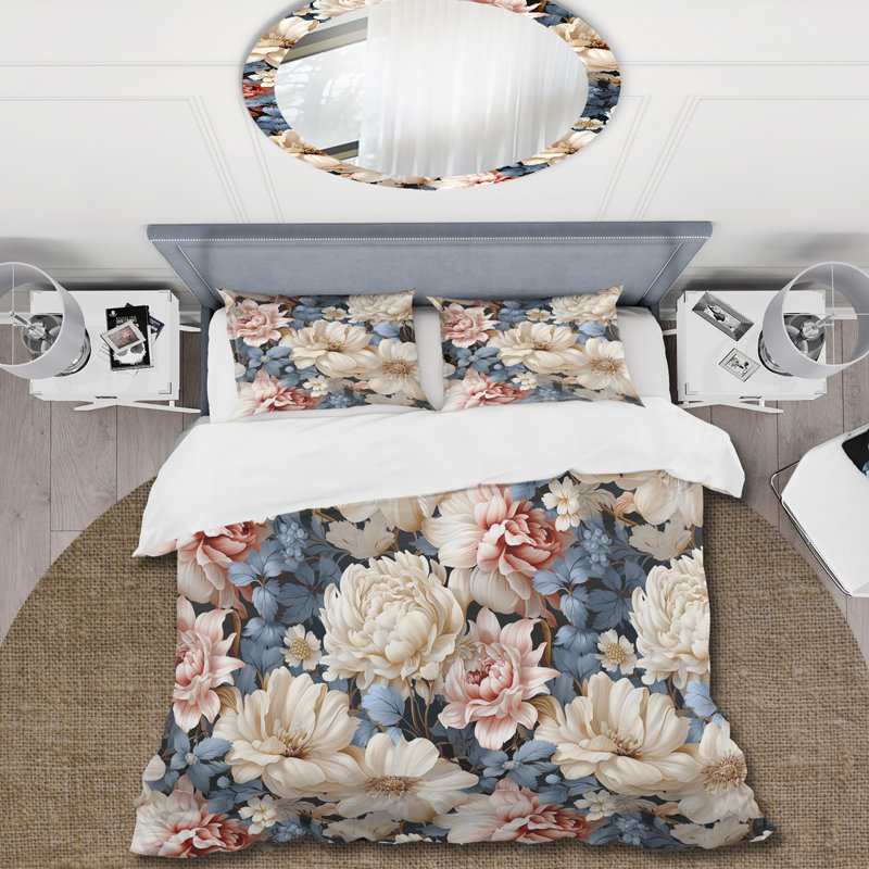 Ensemble de housse de couette beige à motif floral rétro III, Housse de couette pour très grand lit et 2 très
