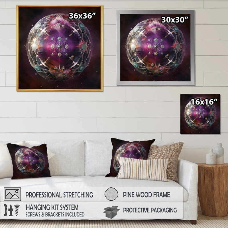 Impression sur toile géométrique moderne, "Galactic planetic rose sphère I", Cadre flottant blanc, H 16 po x l 16 po x P 1 po